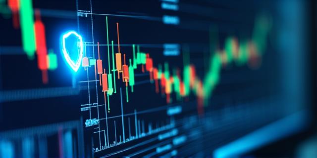 Financial charts with security shield overlay