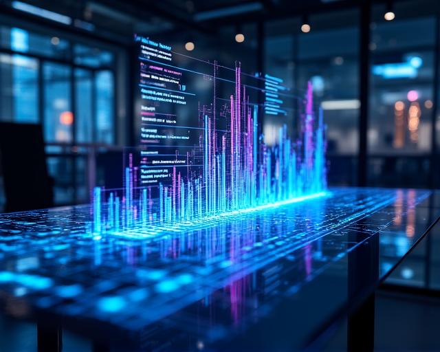 Futuristic digital workspace showing AI-driven data insights